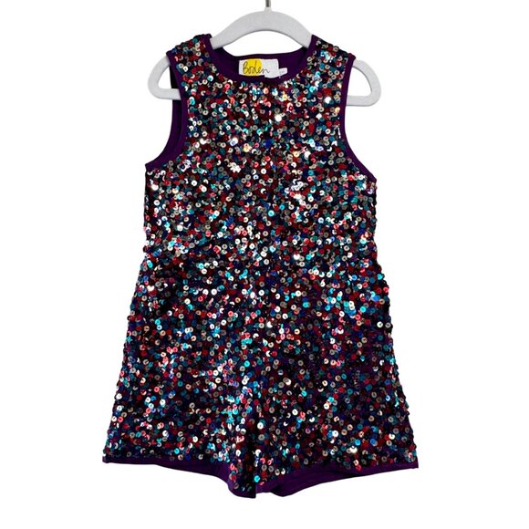 MINI BODEN Sequin Romper Girls 5-6Y 116cm Purple Multicolor Sequins Playsuit EUC - Picture 1 of 5